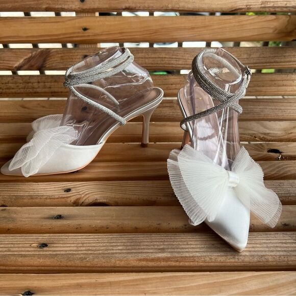 Lulus Lelanee White Satin Rhinestone Bow Ankle Strap Pumps - Picture 1 of 16